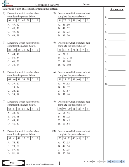 4.oa.5 Worksheets - Continuing Patterns (+ - ) worksheet